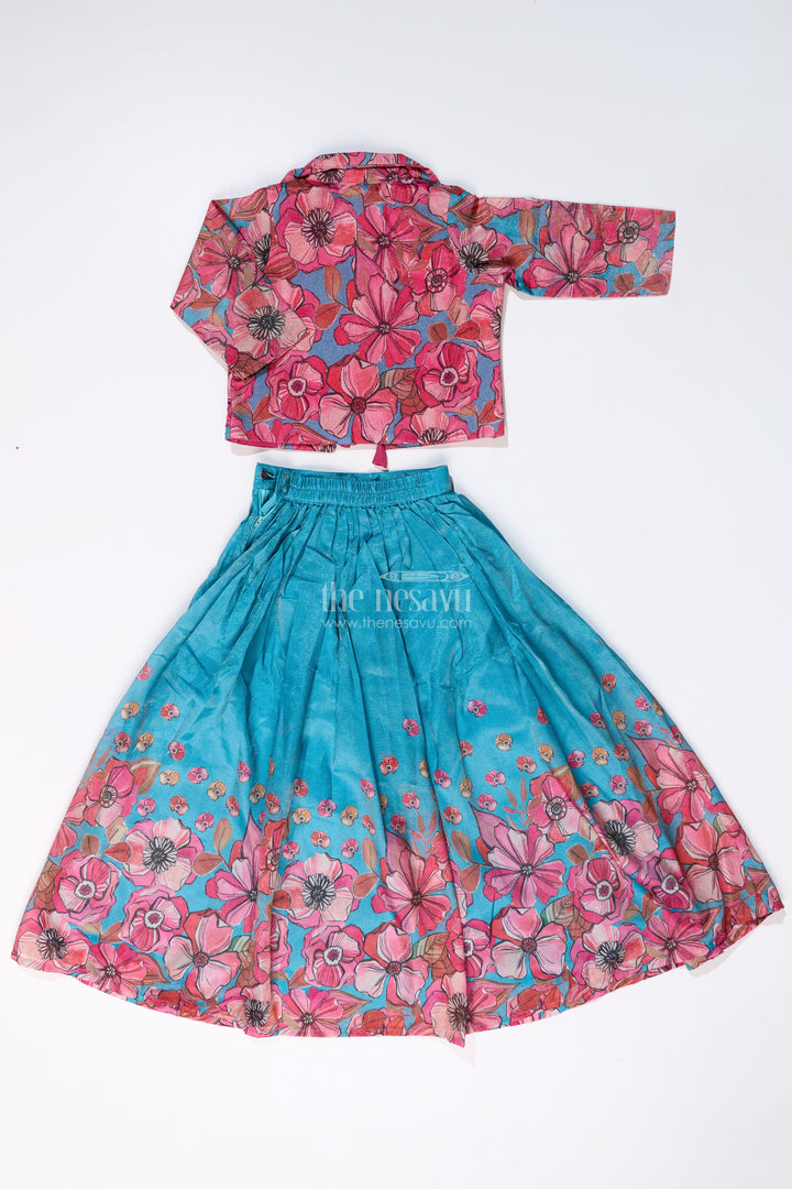 Girls Lehenga Choli Party Wear in Teal and Pink with Digital Floral Prints and Jacket