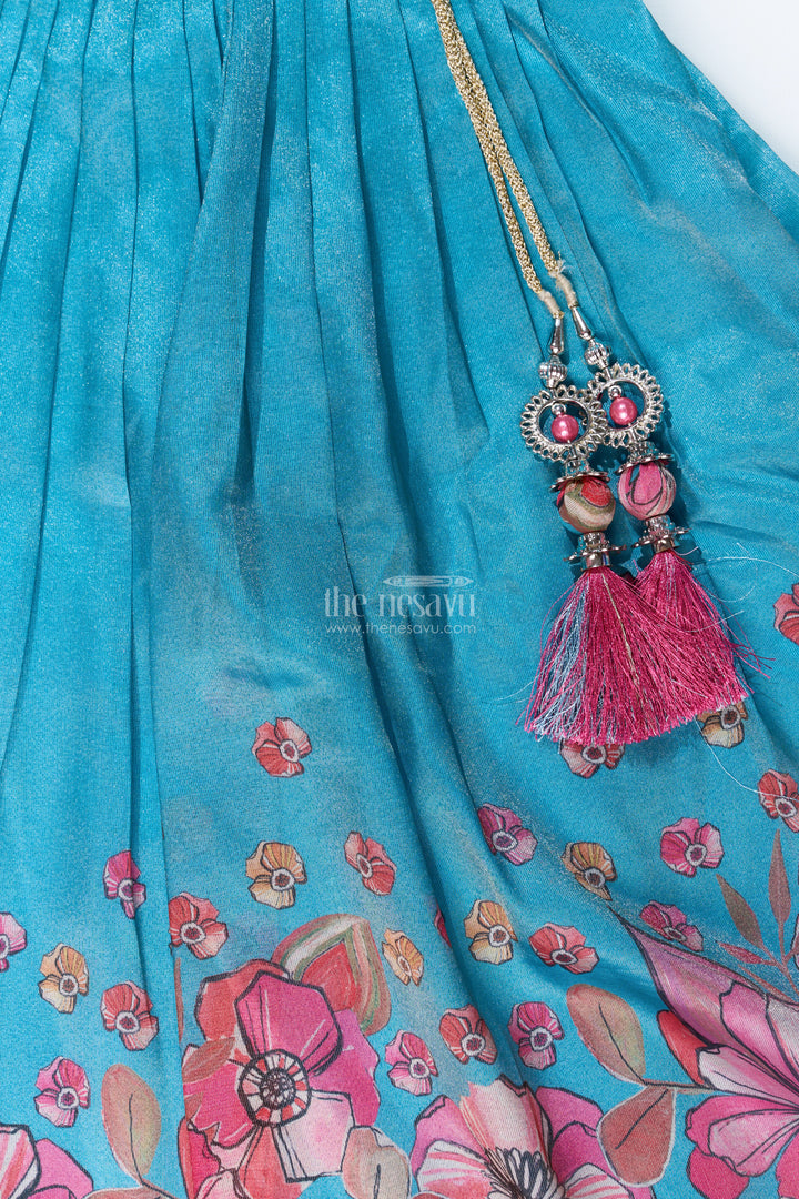 Girls Lehenga Choli Party Wear in Teal and Pink with Digital Floral Prints and Jacket