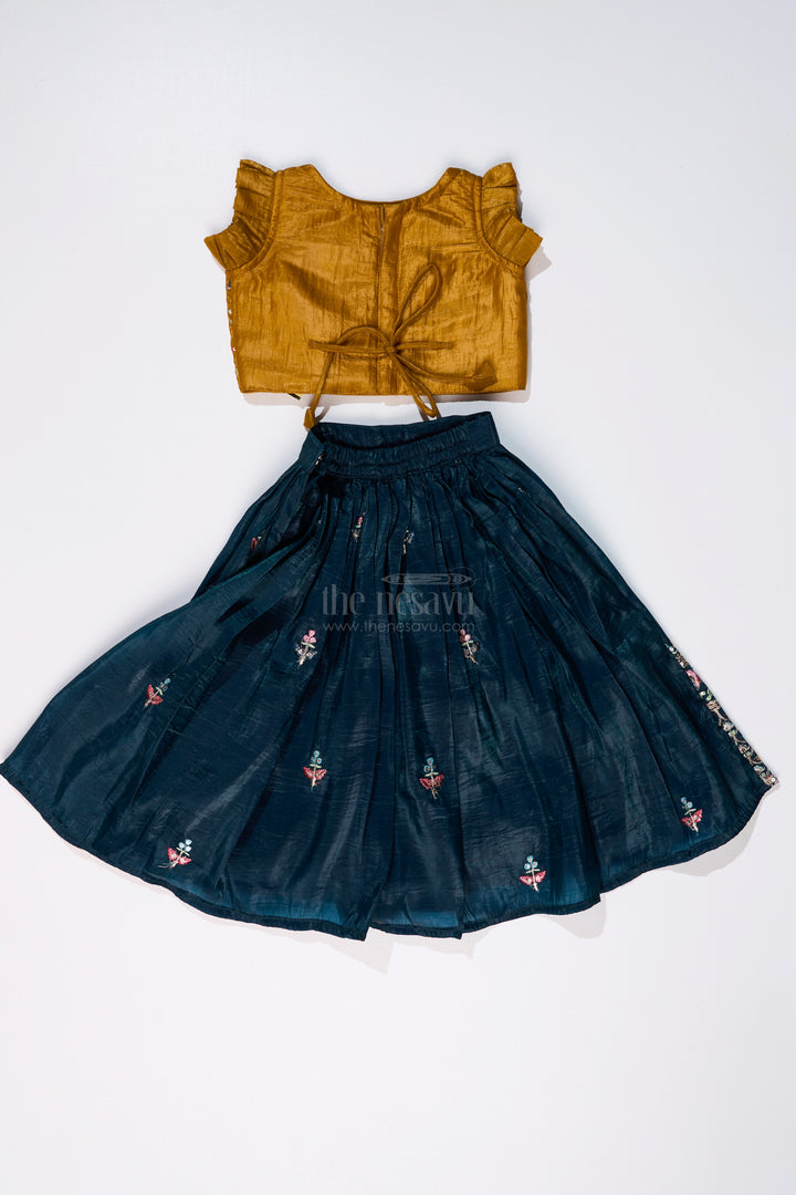 Girls Latest Lehengas in Fashion with Mustard Embroidered Blouse and Navy Flared Skirt