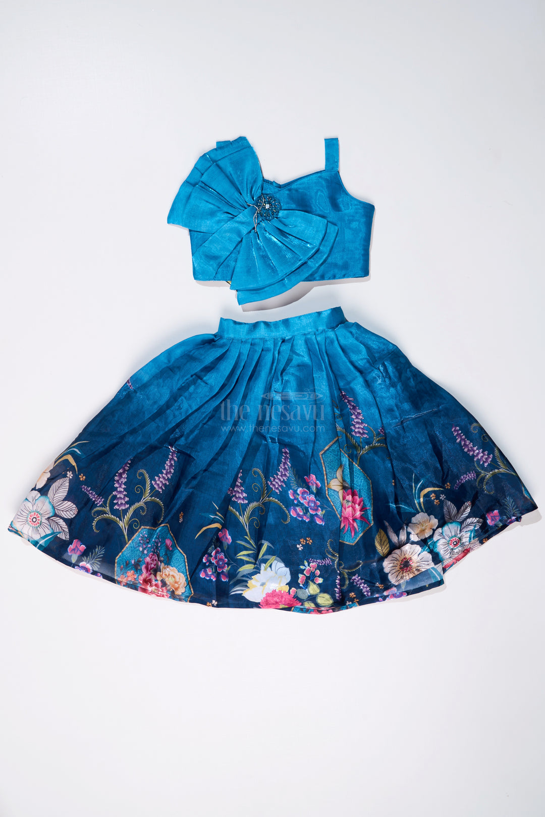 Girls Blue Floral Lehenga with Digital Printed Gown and Oversized Bow Detail