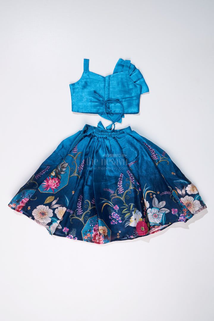 Girls Blue Floral Lehenga with Digital Printed Gown and Oversized Bow Detail