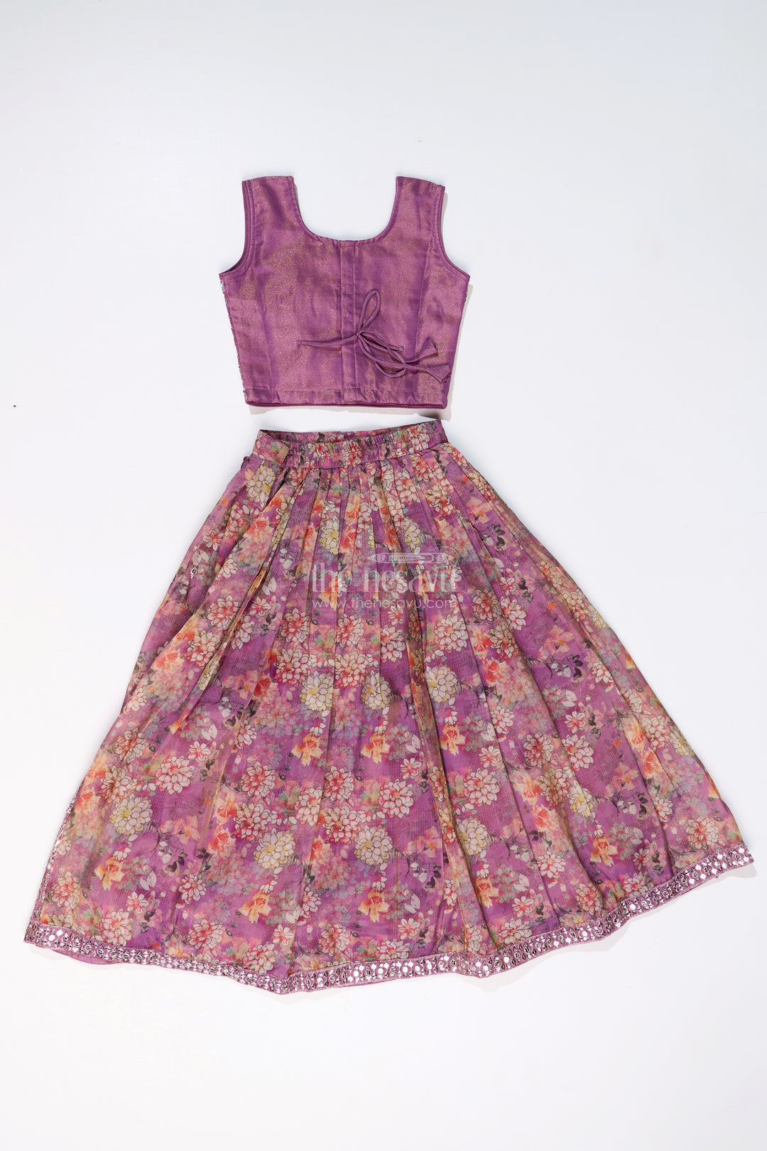 Girls Simple Lehenga for Reception in Lavender with Floral Digital Prints and Mirror Work