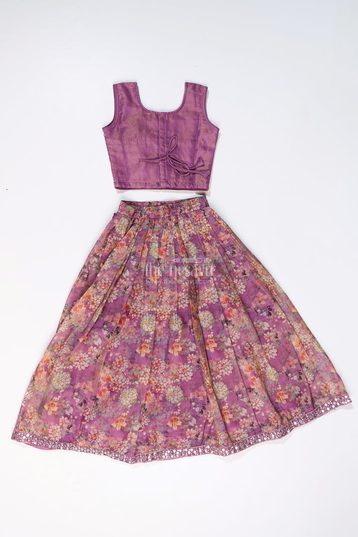 Girls Simple Lehenga for Reception in Lavender with Floral Digital Prints and Mirror Work