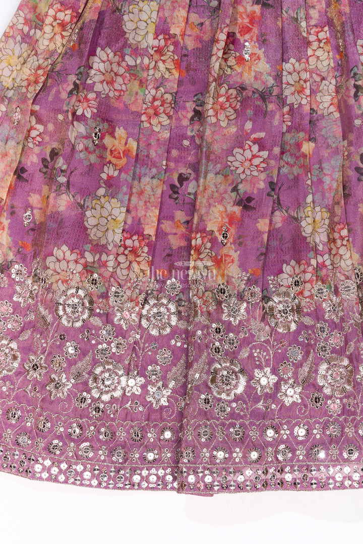 Girls Simple Lehenga for Reception in Lavender with Floral Digital Prints and Mirror Work