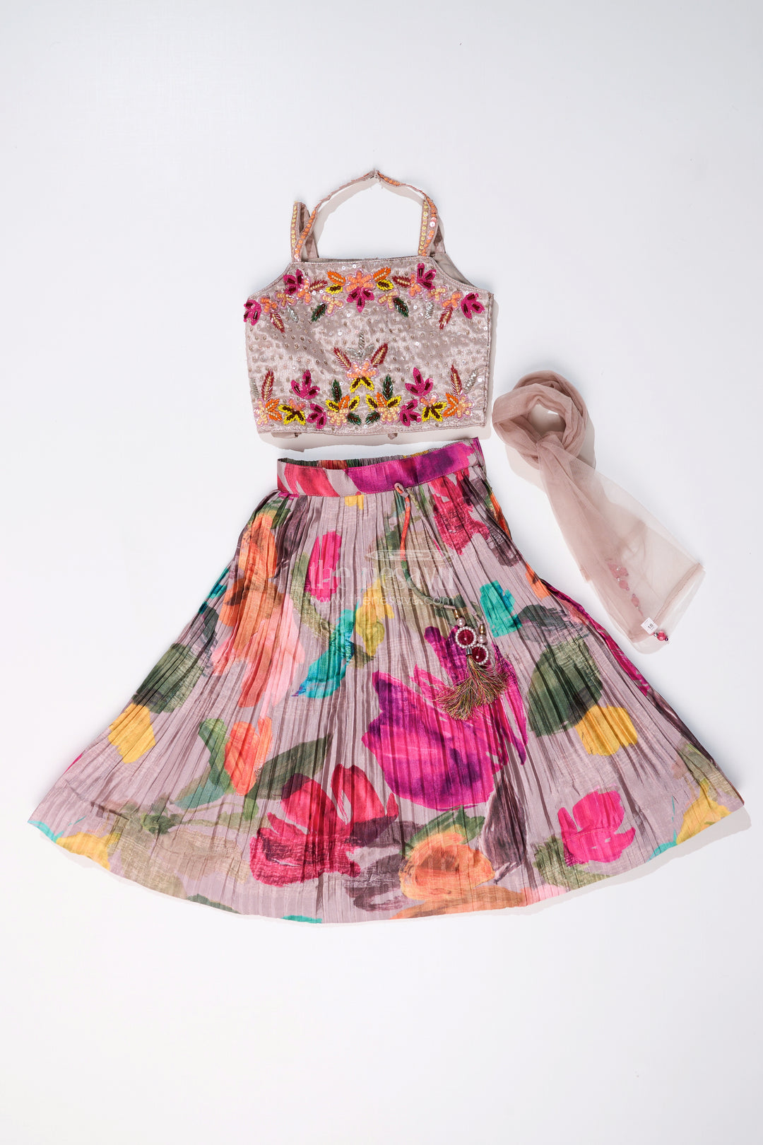 Vibrant Lehenga and Choli Set for Girls in Chinon Silk with Digital Floral Print