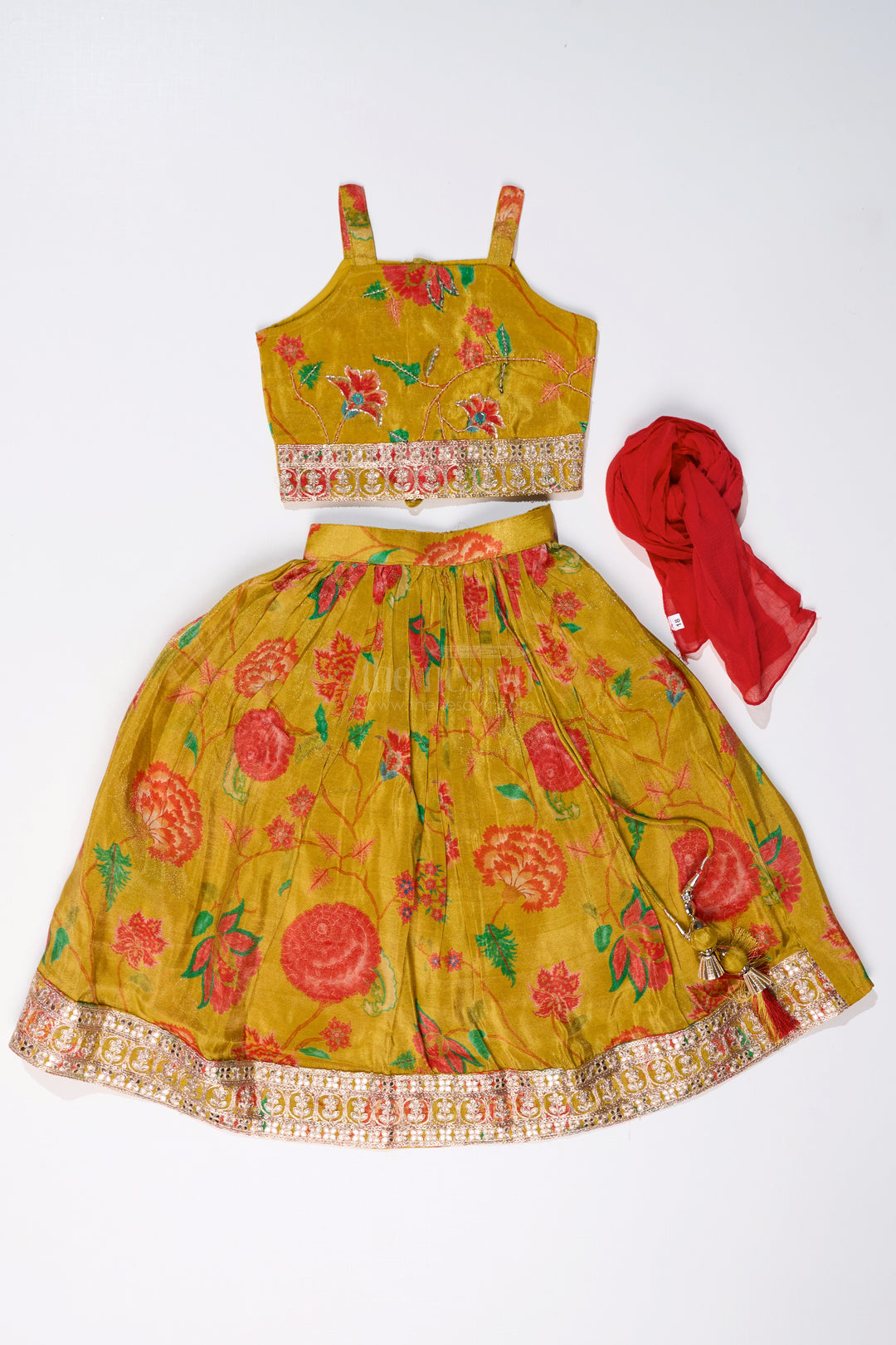 Girls Yellow Lehenga for Reception with Floral Digital Prints and Embellished Waistband