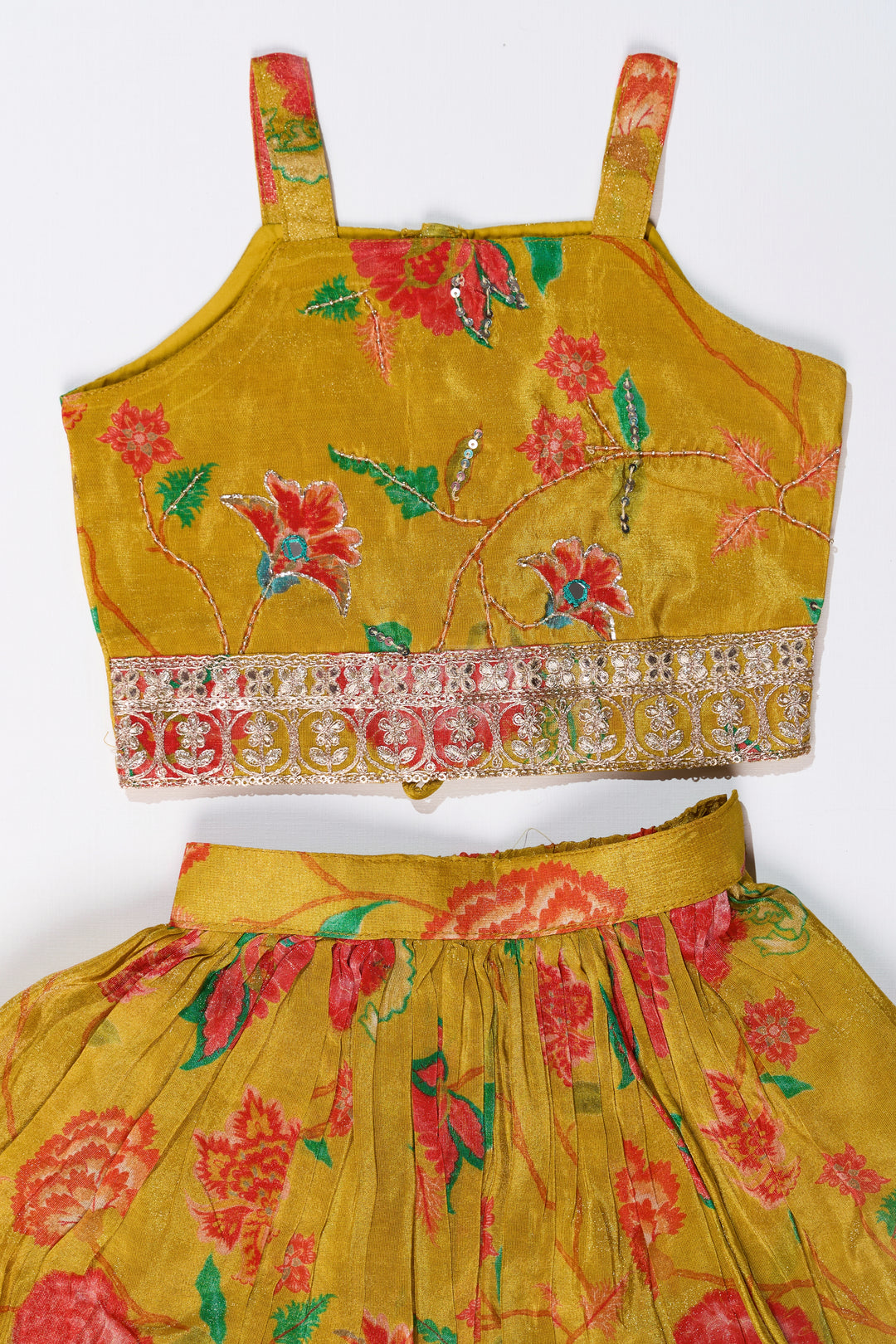 Girls Yellow Lehenga for Reception with Floral Digital Prints and Embellished Waistband