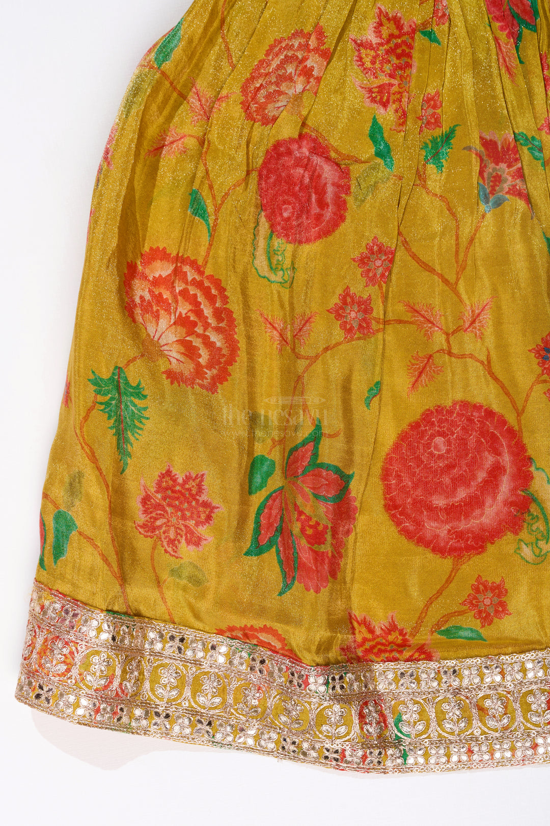 Girls Yellow Lehenga for Reception with Floral Digital Prints and Embellished Waistband