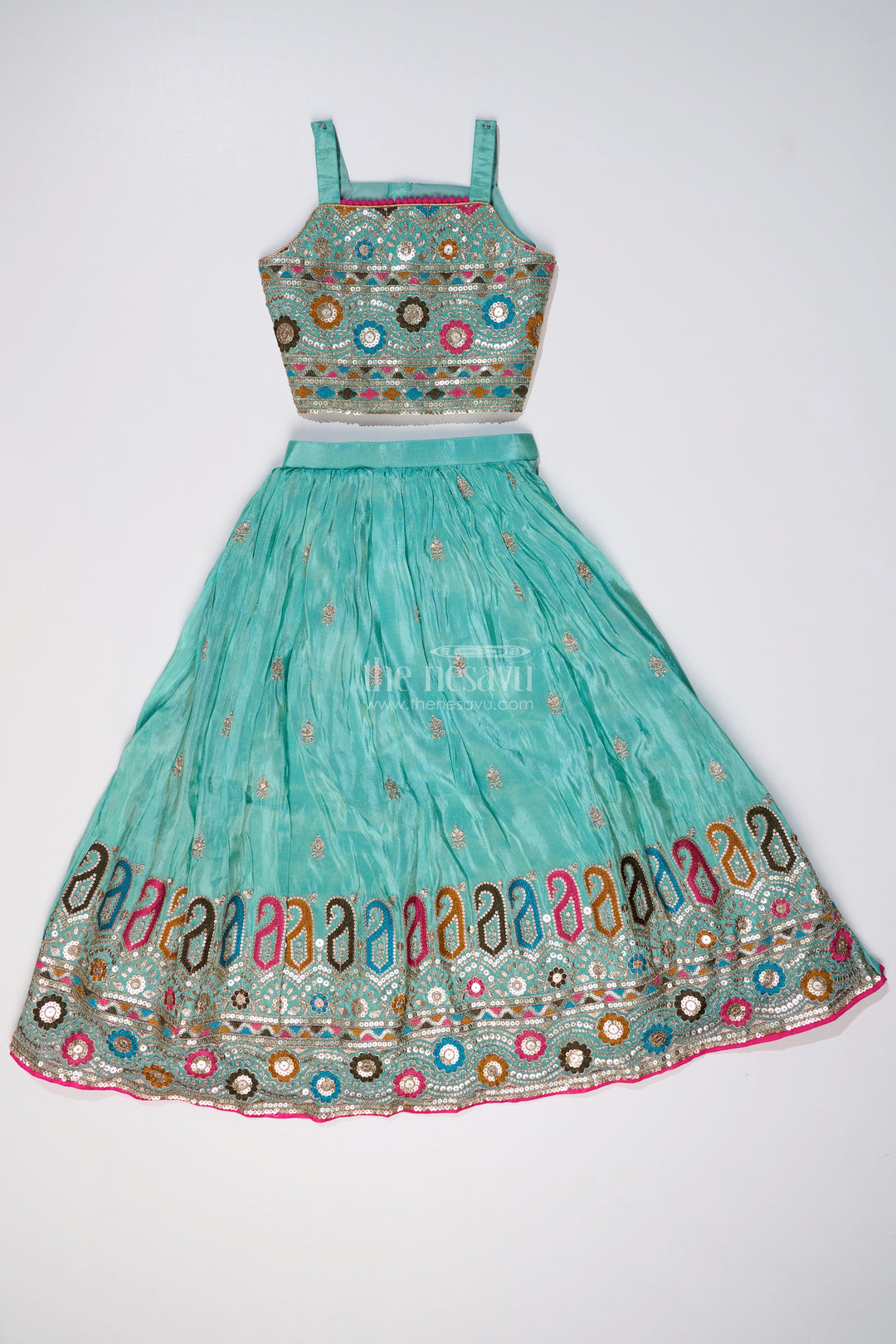 Exquisite Light Green Lehenga for Girls with Designer Embroidery and Shimmer Chinon Silk