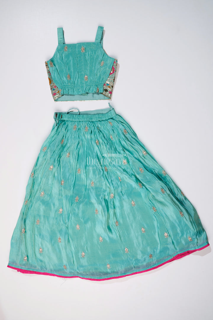 Exquisite Light Green Lehenga for Girls with Designer Embroidery and Shimmer Chinon Silk