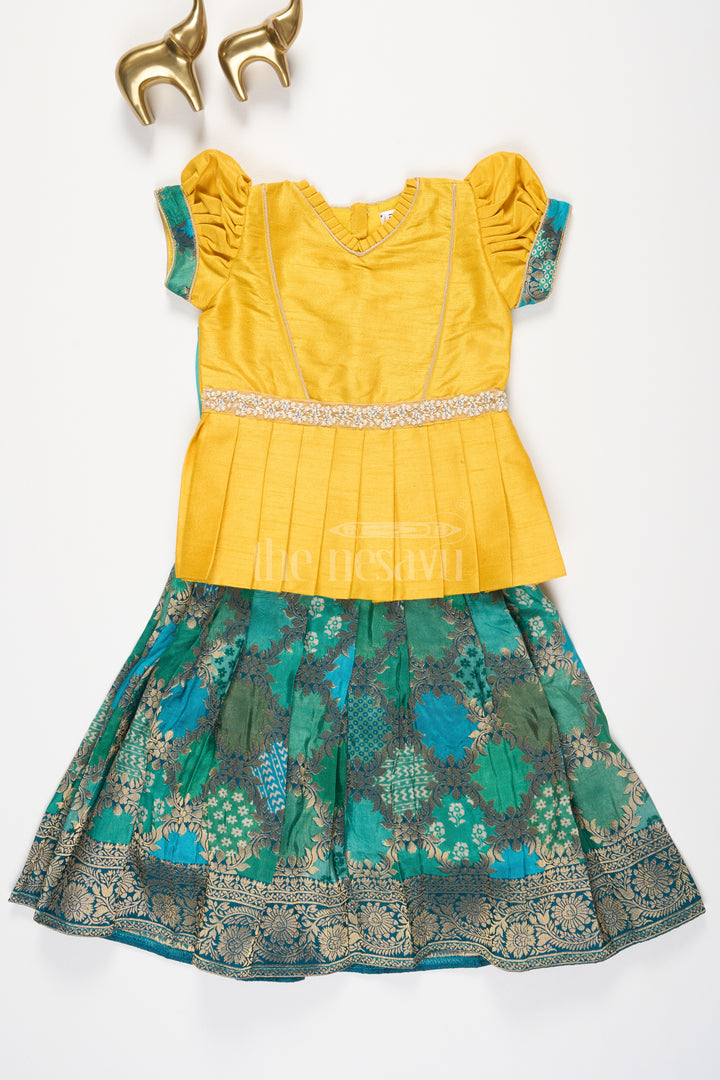 Girls Yellow and Green Pattu Pavadai Set with Puff Sleeves and Beaded Waistline Detailing