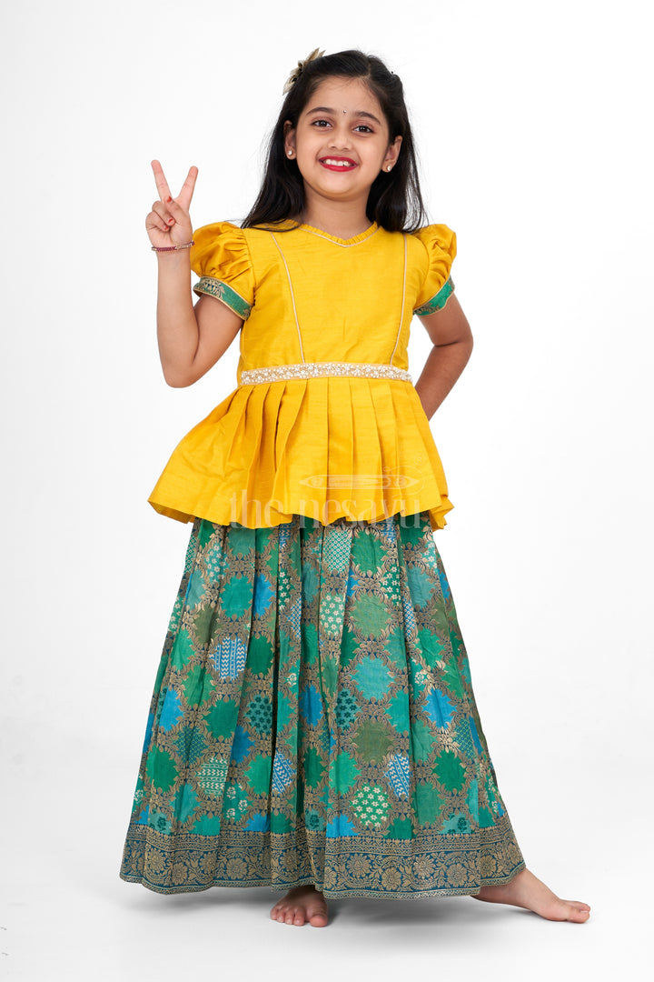 Girls Yellow and Green Pattu Pavadai Set with Puff Sleeves and Beaded Waistline Detailing