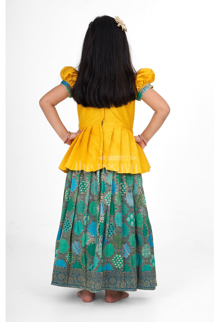 Girls Yellow and Green Pattu Pavadai Set with Puff Sleeves and Beaded Waistline Detailing