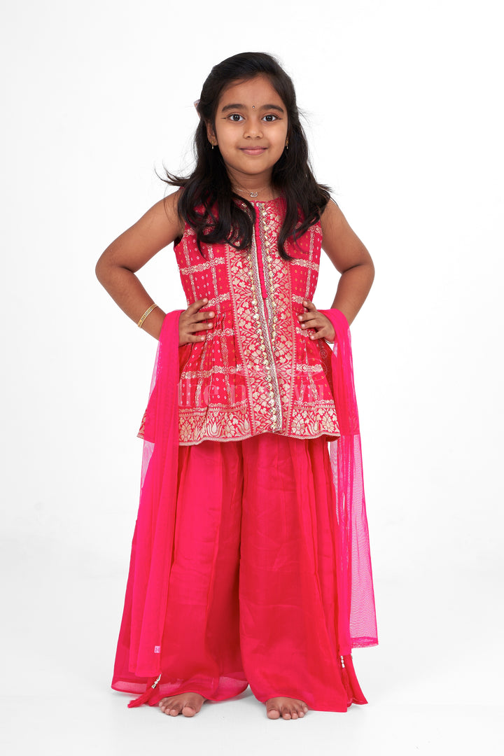 Girls Pink Fancy Sharara Set with Gold Brocade Work for Weddings and Special Occasions