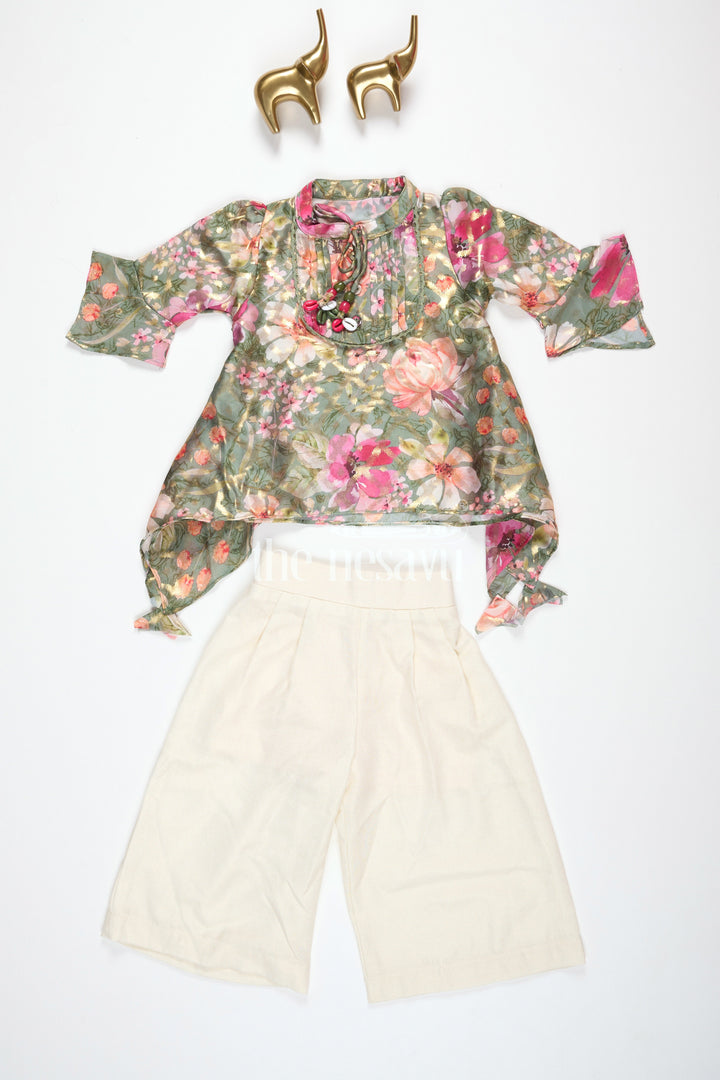 Girls Green Floral Printed Top with White Culottes and Camisole for Stylish Daytime Outings