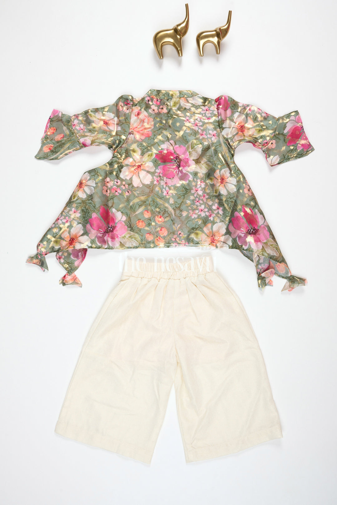 Girls Green Floral Printed Top with White Culottes and Camisole for Stylish Daytime Outings