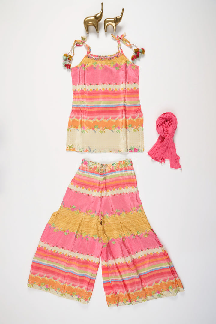 Girls Pink and Orange Gharara Set with Striped Top and Floral Embroidery