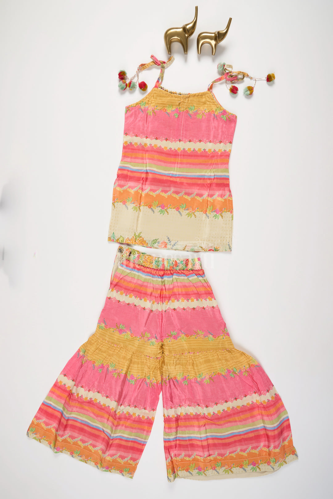 Girls Pink and Orange Gharara Set with Striped Top and Floral Embroidery