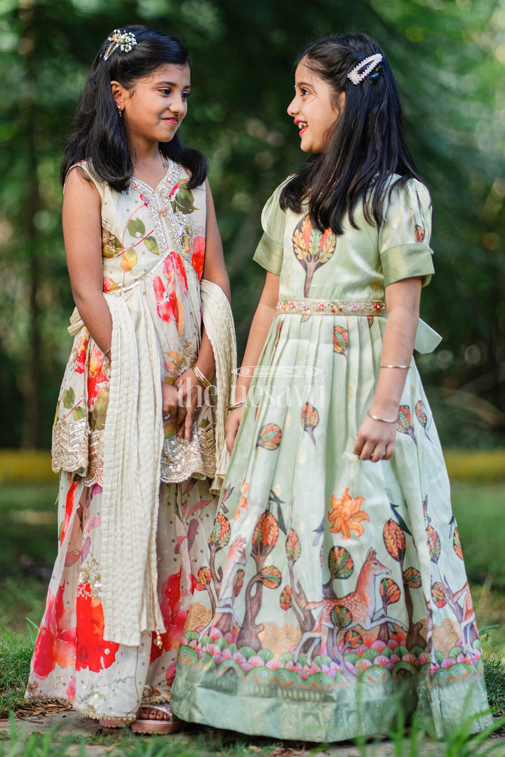 Green Girls Party Gown with Captivating Forest Animals Print and Pleated Skirt