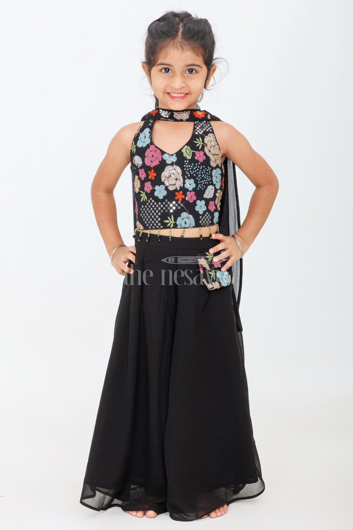 Black Halter-Neck Girls Sharara Set with Floral Embroidery and Belted Waist for Semi-Formal Occasions