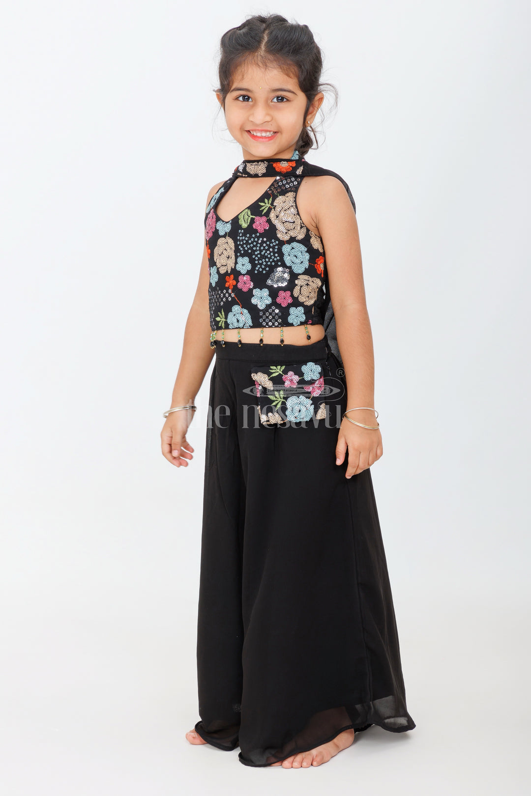 Black Halter-Neck Girls Sharara Set with Floral Embroidery and Belted Waist for Semi-Formal Occasions