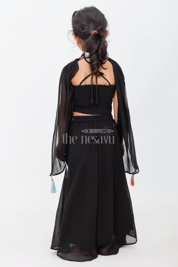 Black Halter-Neck Girls Sharara Set with Floral Embroidery and Belted Waist for Semi-Formal Occasions