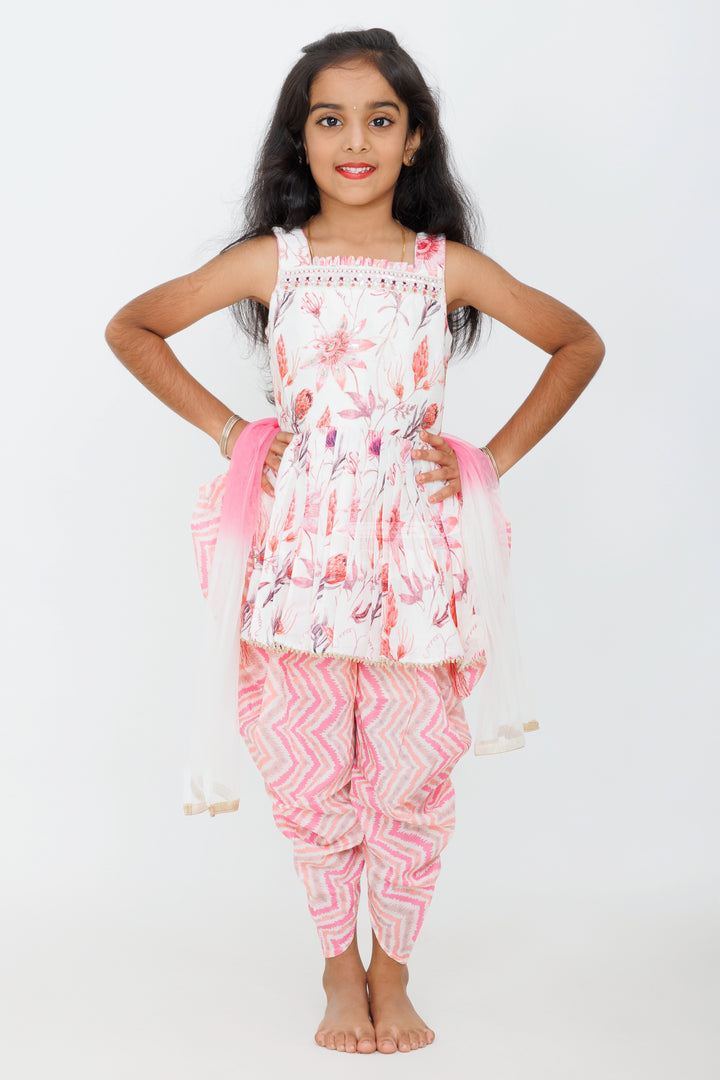 Girls Pink Cotton Blended Sleeveless Kurta with Zigzag Patiala and Ombre Dupatta