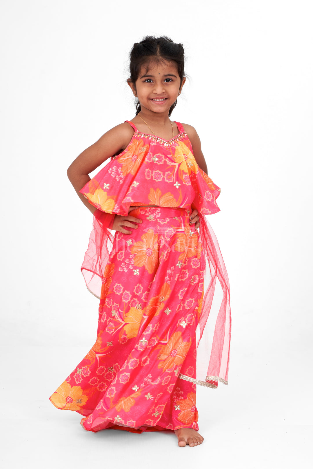 Girls Pink Chinon Printed Sharara Set with Floral Patterns – Festive Clothes for Stylish Girls