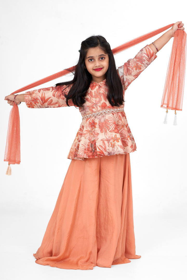 Elegant Girls Sharara for Women in Shimmer Organza with Floral Embroidery and 3/4 Sleeves, Perfect for Festive Occasions