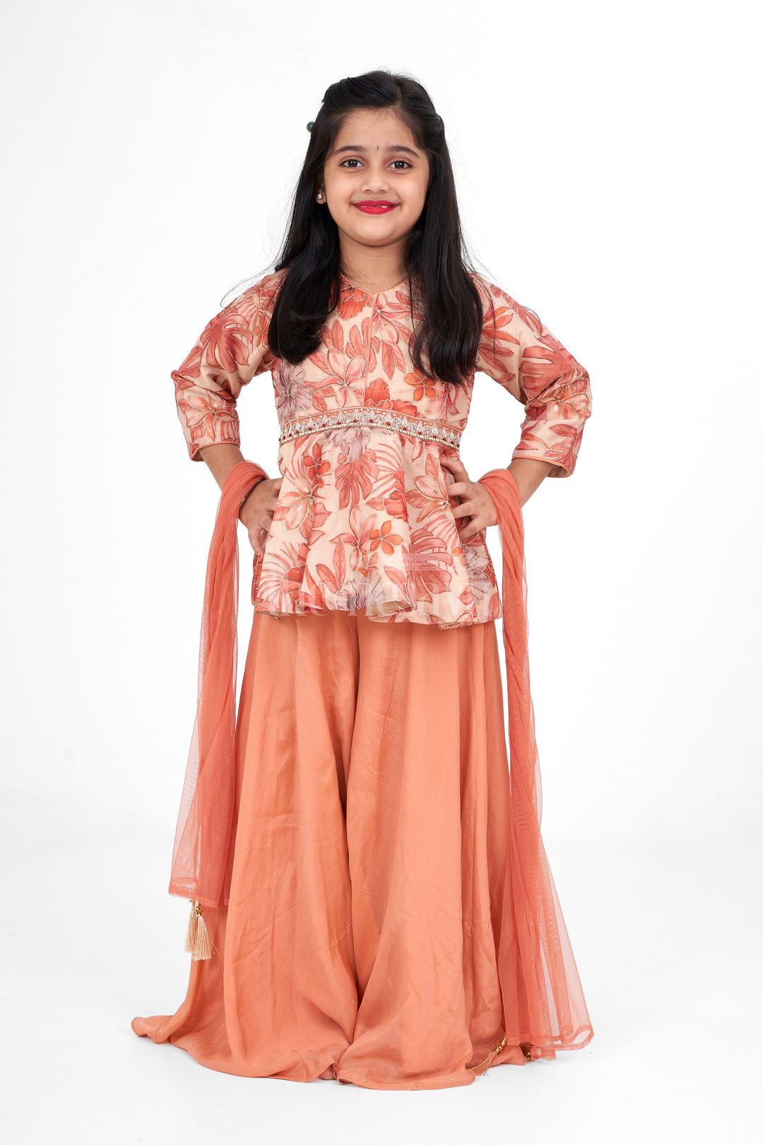 Elegant Girls Sharara for Women in Shimmer Organza with Floral Embroidery and 3/4 Sleeves, Perfect for Festive Occasions