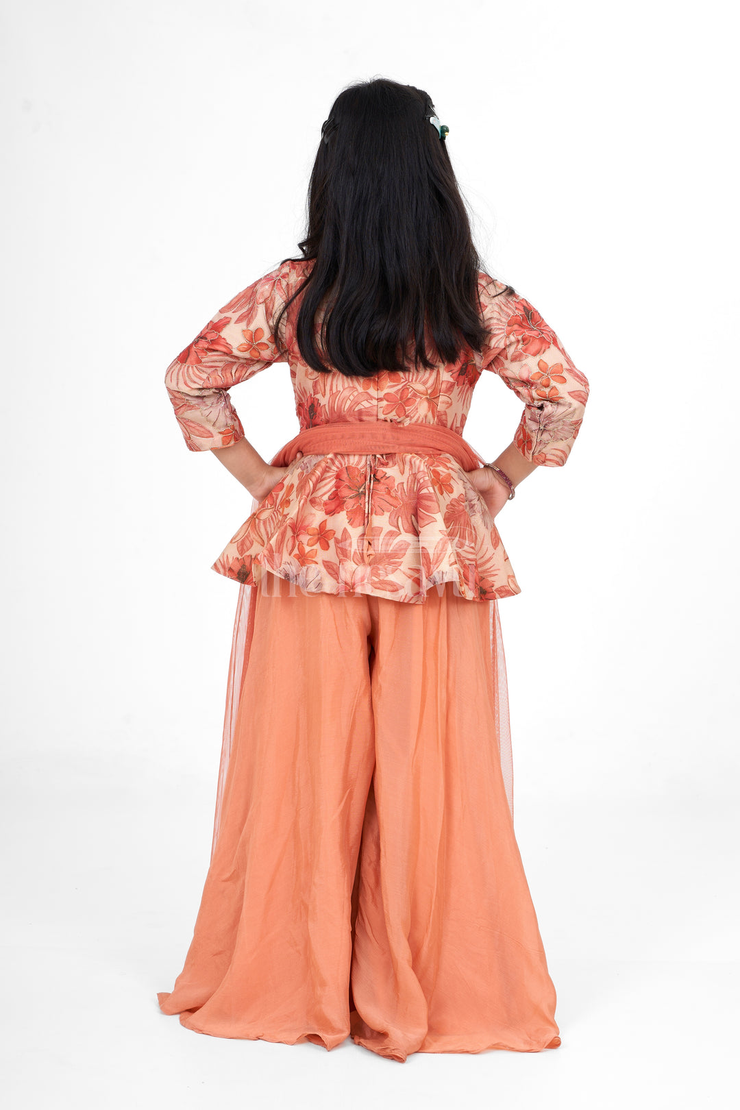 Elegant Girls Sharara for Women in Shimmer Organza with Floral Embroidery and 3/4 Sleeves, Perfect for Festive Occasions