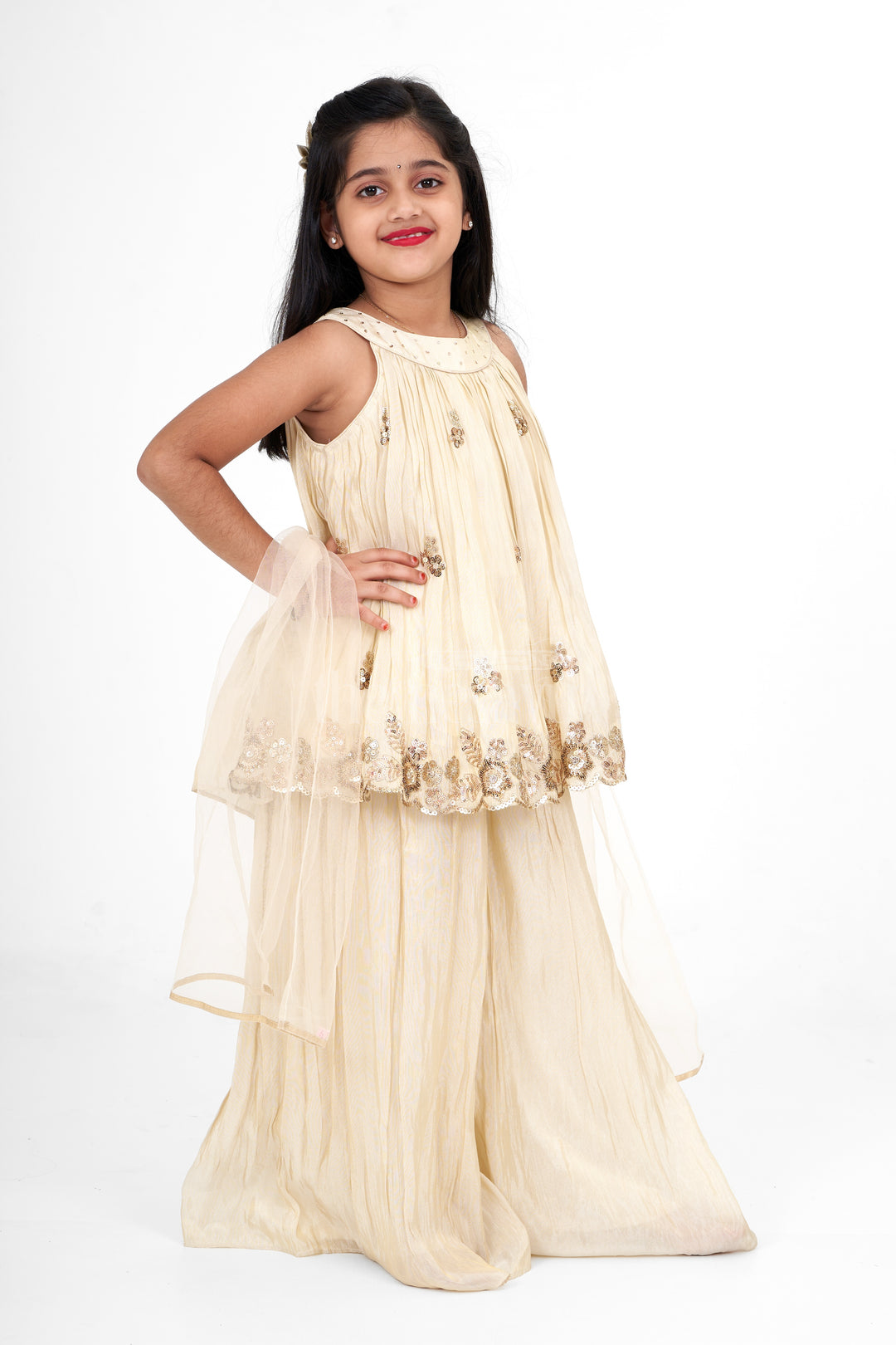 Chic Girls Sharara Plazo Gharara Set in Pure Muslin Silk with Sequin Embroidery