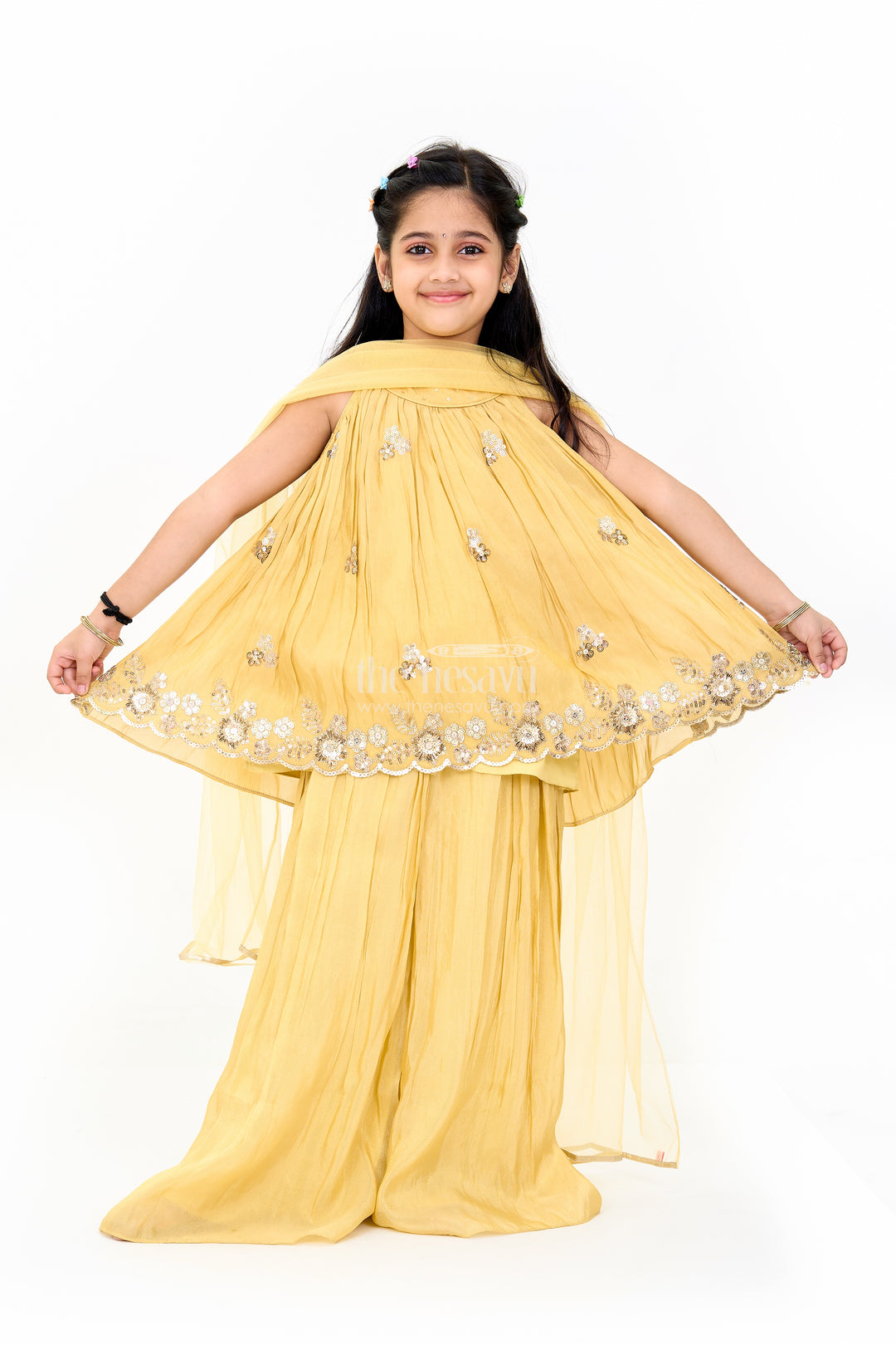 Girls Viscose Silk Sharara Set with Embellished Top and Flared Bottoms