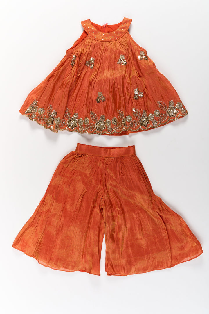 Stylish Girls Orange Viscose Silk Sharara Set with Embroidered Cape for Festive Wear