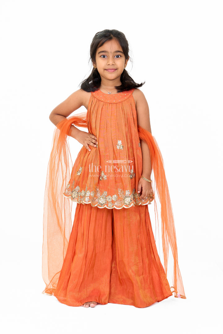 Stylish Girls Orange Viscose Silk Sharara Set with Embroidered Cape for Festive Wear