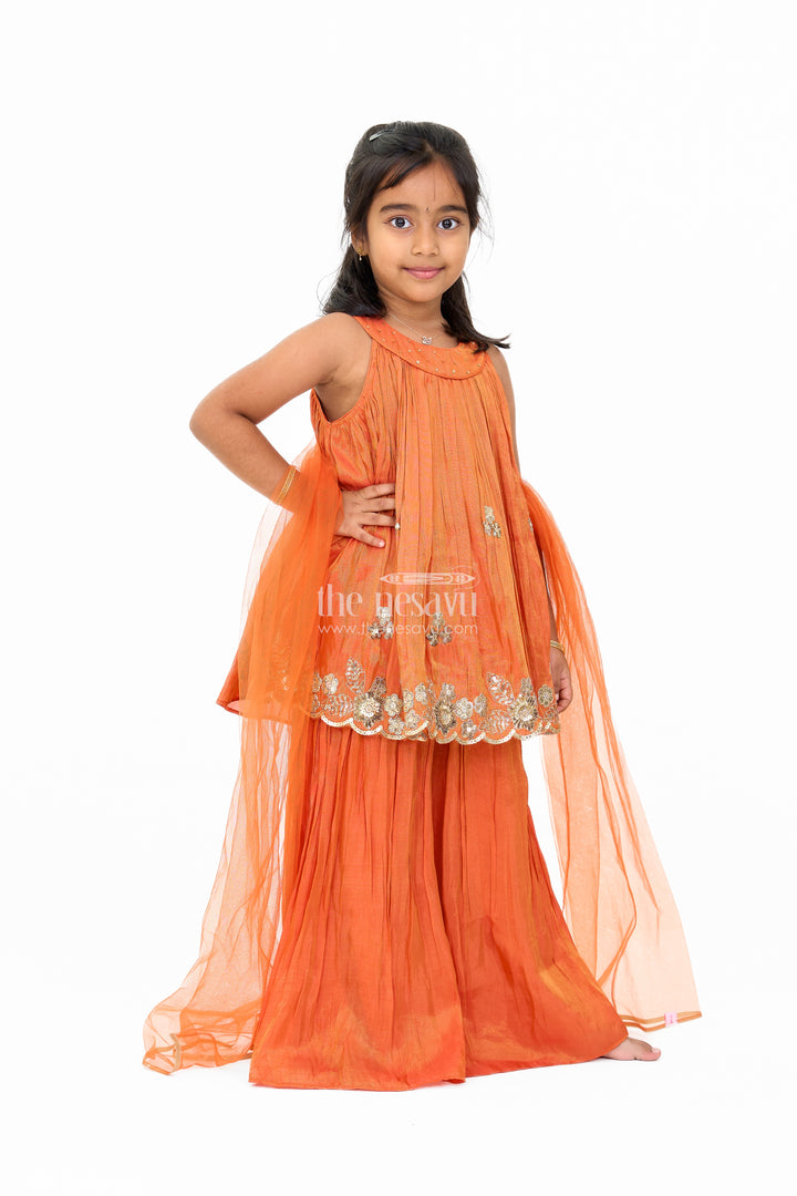 Stylish Girls Orange Viscose Silk Sharara Set with Embroidered Cape for Festive Wear