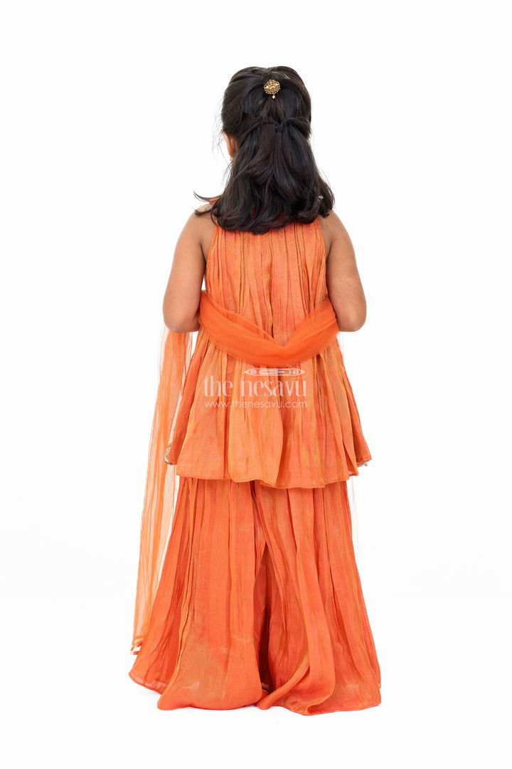 Stylish Girls Orange Viscose Silk Sharara Set with Embroidered Cape for Festive Wear