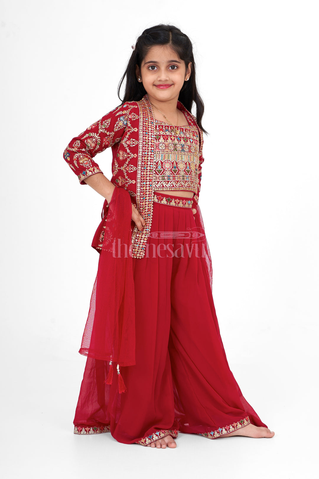 Girls Sharara Lehenga Set in Georgette with Intricate Embroidery and Matching Jacket for Weddings