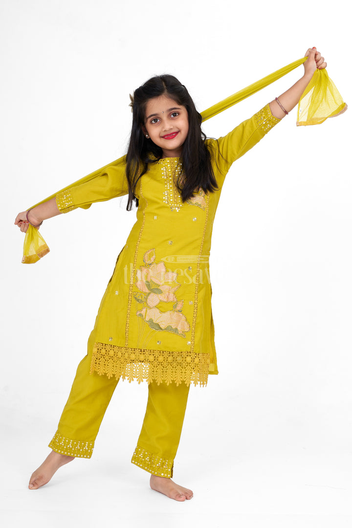 Girls Lime Green Viscose Modal Silk Sharara Choli Set with Lace Detailing for Festive Events and Gatherings