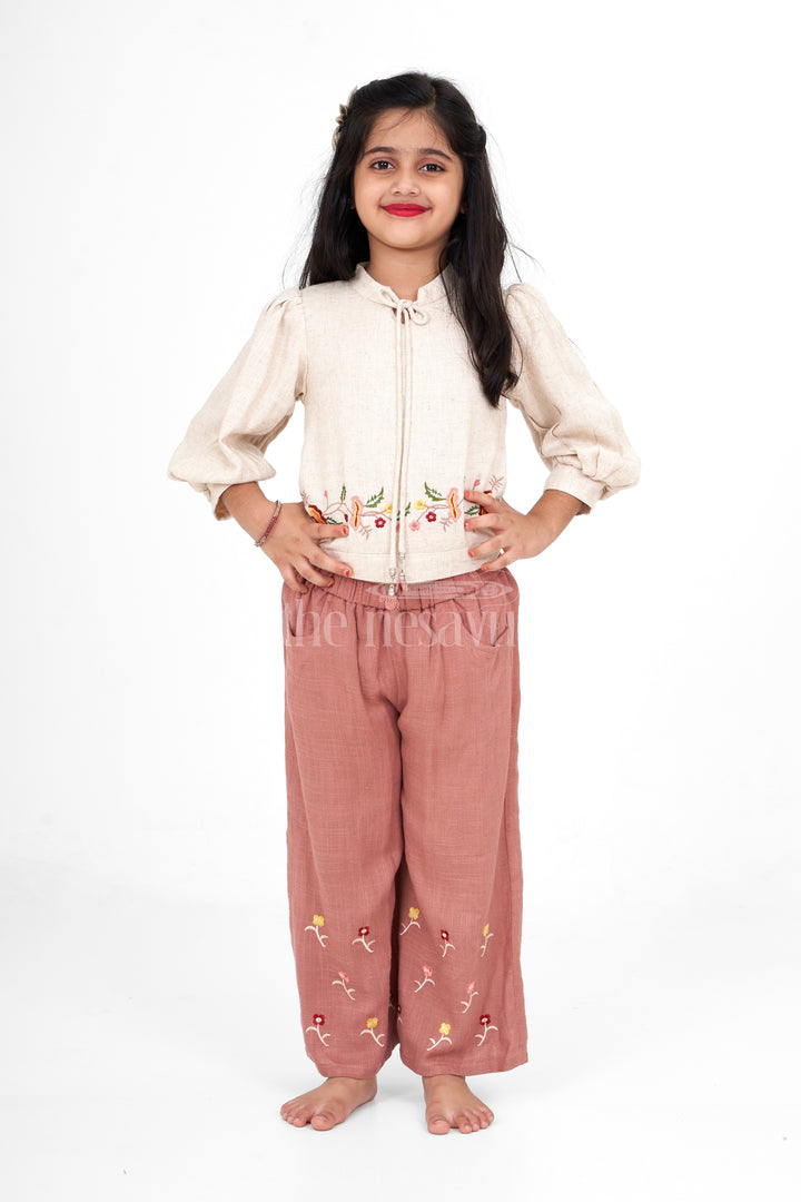 Girls Flax Cotton Sharara Set in Beige and Brown with Floral Embroidery for Eid and Family Gatherings