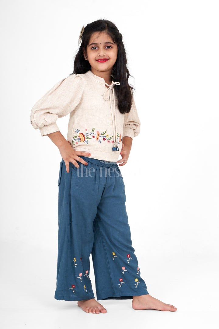 Girls Flax Cotton Sharara Set in Beige and Blue with Floral Embroidery for Birthdays and Festive Events