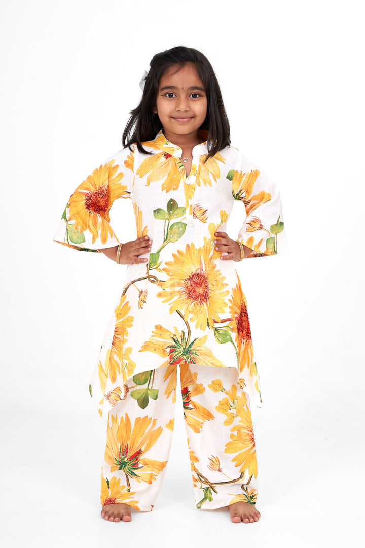 Girls Palazzo Pants and Shirt Set in Blended Fabric with Yellow Floral Print Ideal for Summer Outings