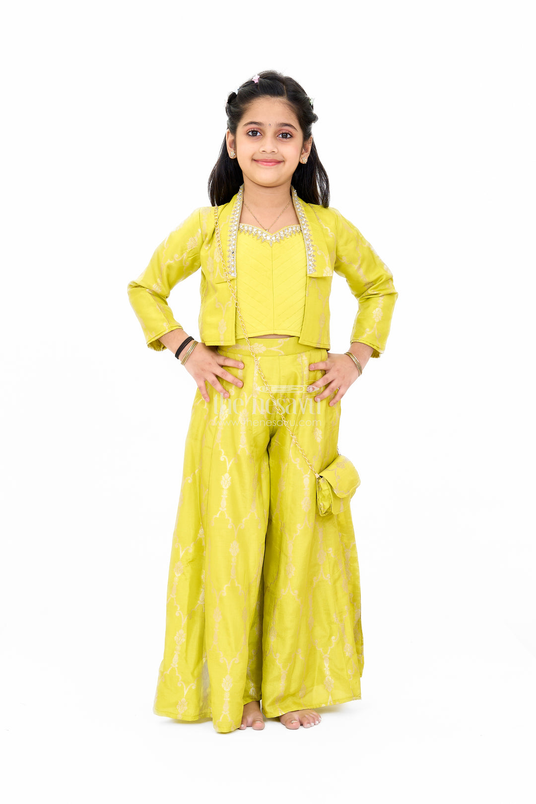 Girls Viscose Silk Bridal Sharara Set with Embroidered Jacket and Flared Pants