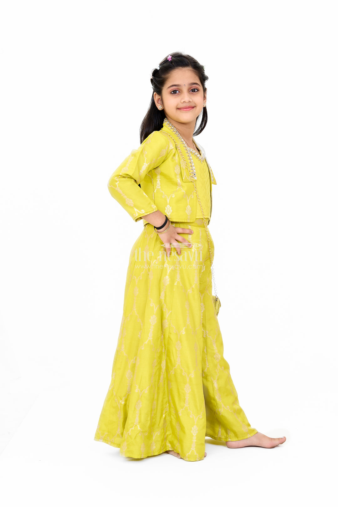 Girls Viscose Silk Bridal Sharara Set with Embroidered Jacket and Flared Pants