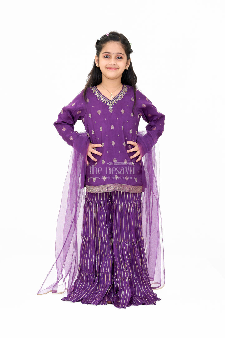 Girls Viscose Silk Sharara Set in Purple with Embellished Kurta and Ruffled Pants