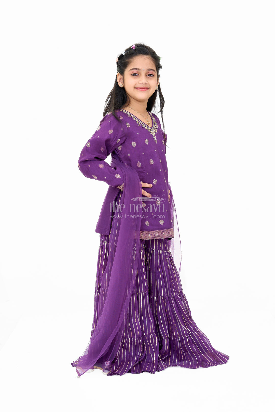 Girls Viscose Silk Sharara Set in Purple with Embellished Kurta and Ruffled Pants