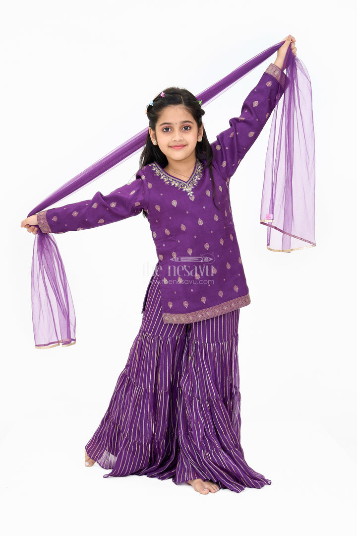 Girls Viscose Silk Sharara Set in Purple with Embellished Kurta and Ruffled Pants