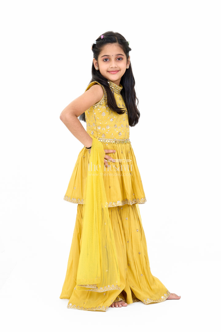 Elegant Yellow Georgette Girls Sharara Set with Sequin Embroidery and Peplum Top