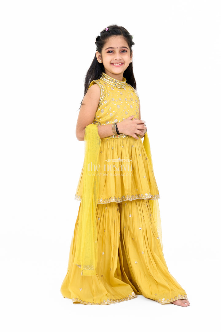 Elegant Yellow Georgette Girls Sharara Set with Sequin Embroidery and Peplum Top