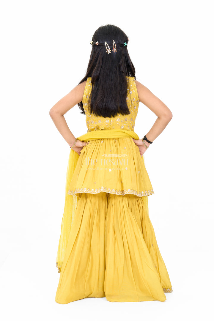 Elegant Yellow Georgette Girls Sharara Set with Sequin Embroidery and Peplum Top